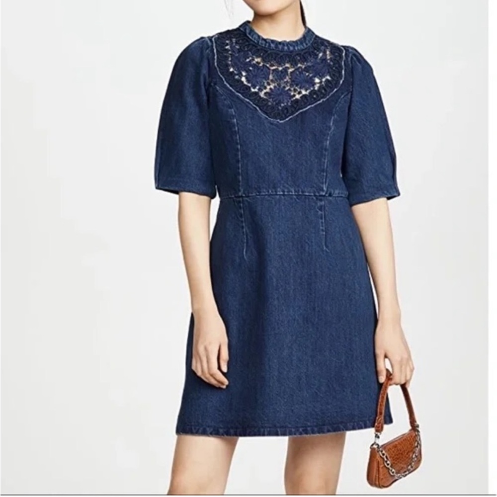 SEA new york Olivia denim lace cut out appliqué detail mini dress. 0